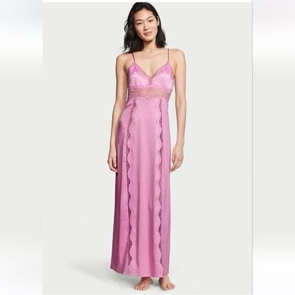 Victoria’s Secret Pink Satin Lace Slip Dress Nightgown Small Maxi Lingerie 🌸 - Picture 14 of 14